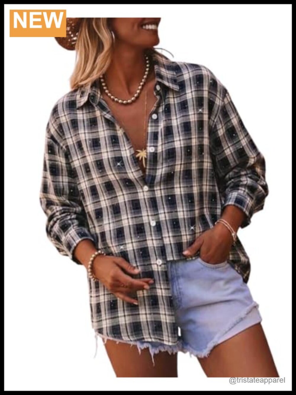 CHICME Women's Plaid Rhinestone Button Down Long Sleeve Shirt Blouse Top